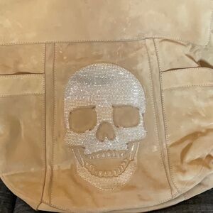 RARE PHILIPP PLEIN Huge suede bag with crystal skull tan suede
